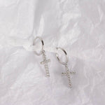 Cross Dangle Drop Hoop Earrings in 925 Sterling Silver: Silver
