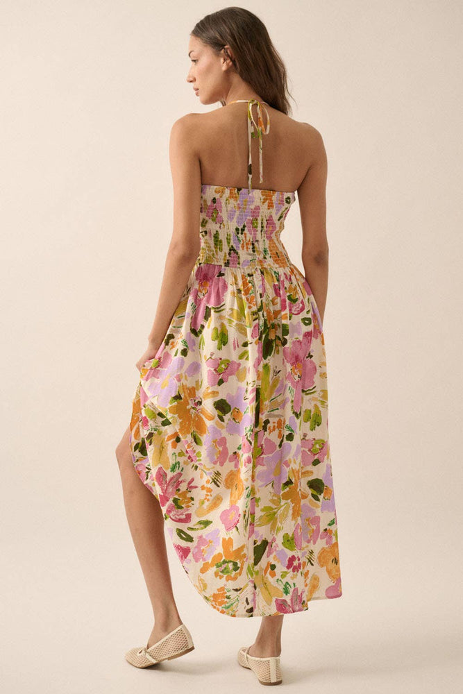 Textured Floral Smocked Halter Midi Dress