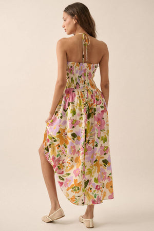 Textured Floral Smocked Halter Midi Dress