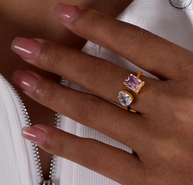 HoopLa Style - Lilly Collection- Beyond Finger ring- Open band-CZ Multi: Pink / Two stone