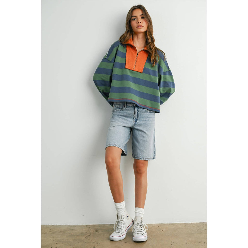 Striped Quarter-Zip Contrast Collar Sweatshirt
