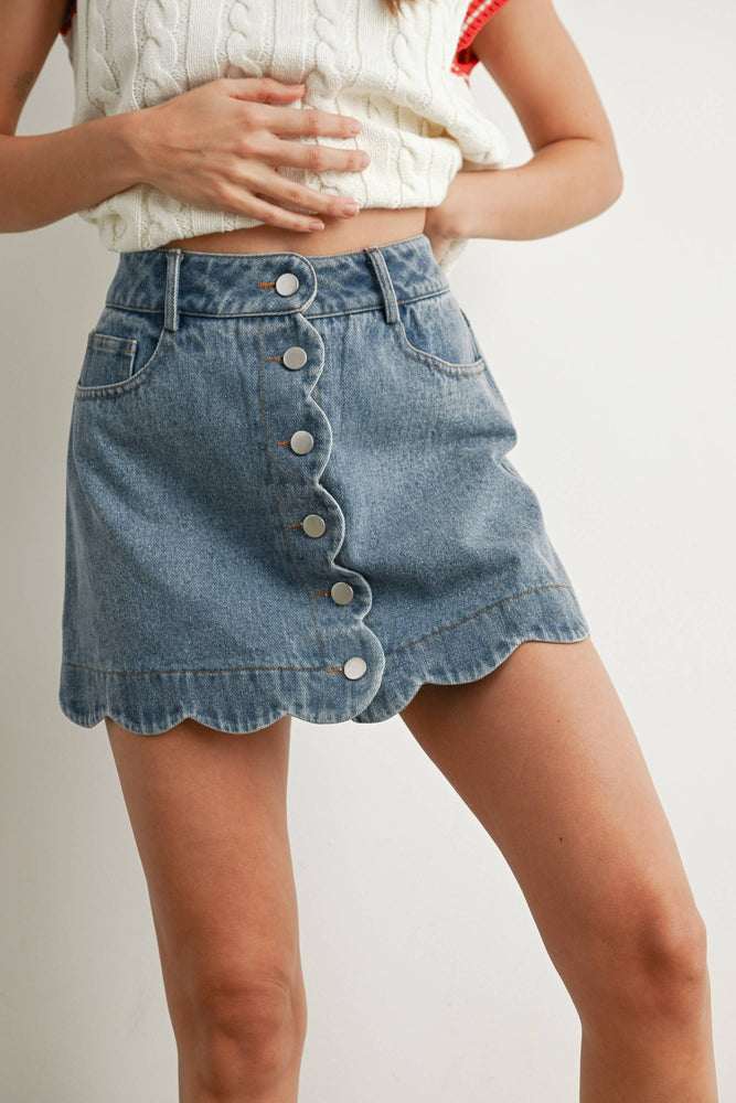 Denim Buttoned Scallop Denim Skirt
