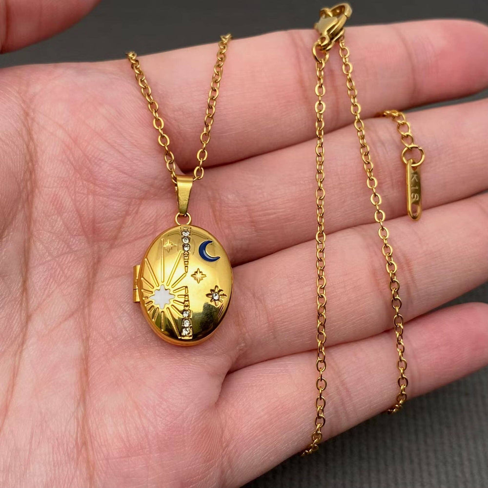 Star Moon Locket Charm 18K Gold Necklace