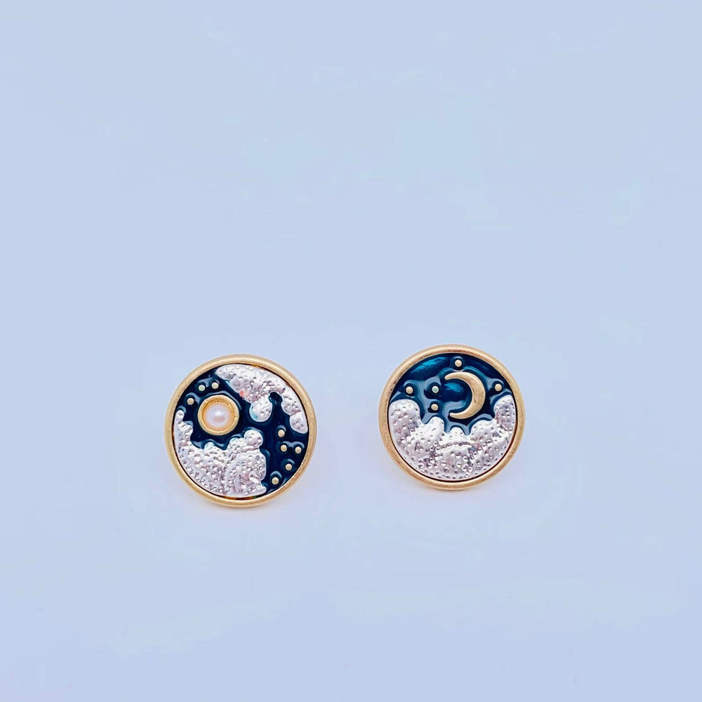 Sun Moon Stars Asymmetric Enamel Ear Studs