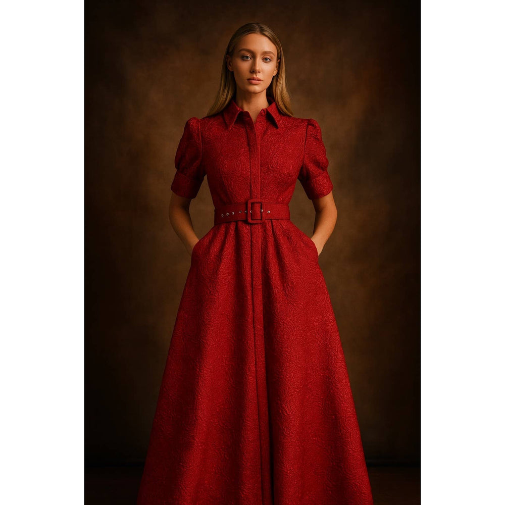 Rose Embossed Belted Maxi Dress