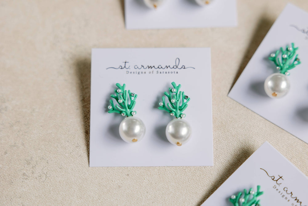 St Armands Designs of Sarasota - Pearl and Turquoise Coral Mini Statement Earrings