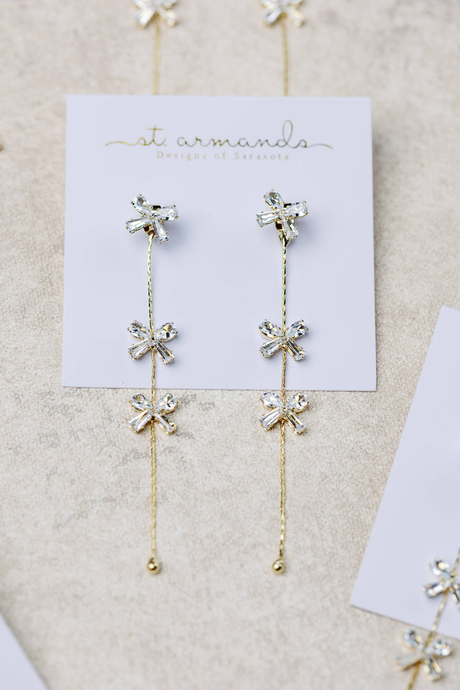 St Armands Designs of Sarasota - Diamond Bow Gold Duster Drop Earrings