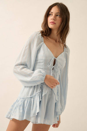 Textured Tonal-Stripe Ruffled Tie-Front Romper