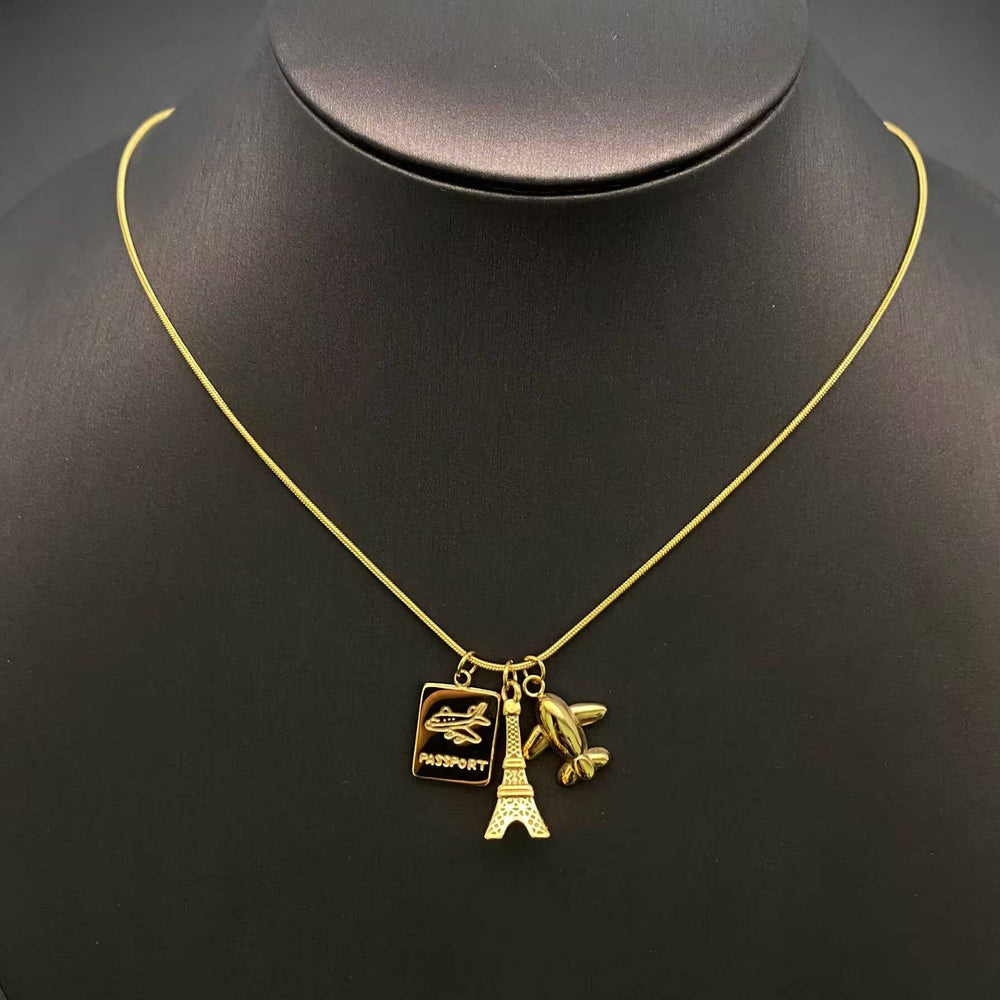 Paris Tower & Plane charm 18K Gold Plated Necklace