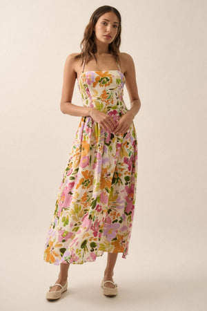 Textured Floral Smocked Halter Midi Dress