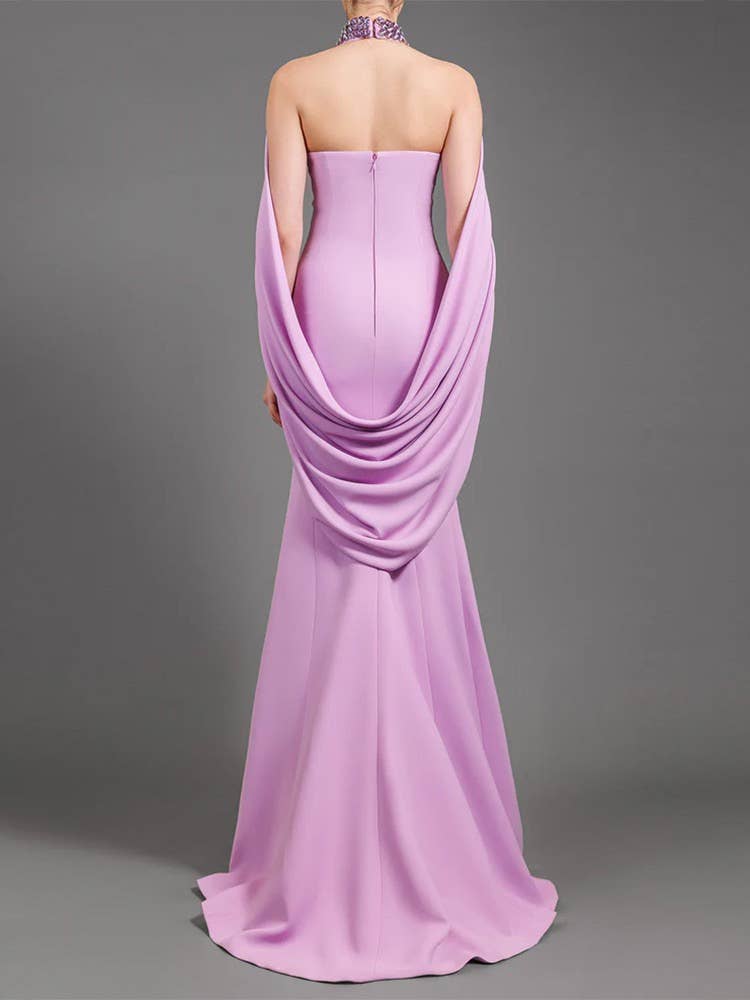 Lavender Rhinestone Gown with Draped Shawl