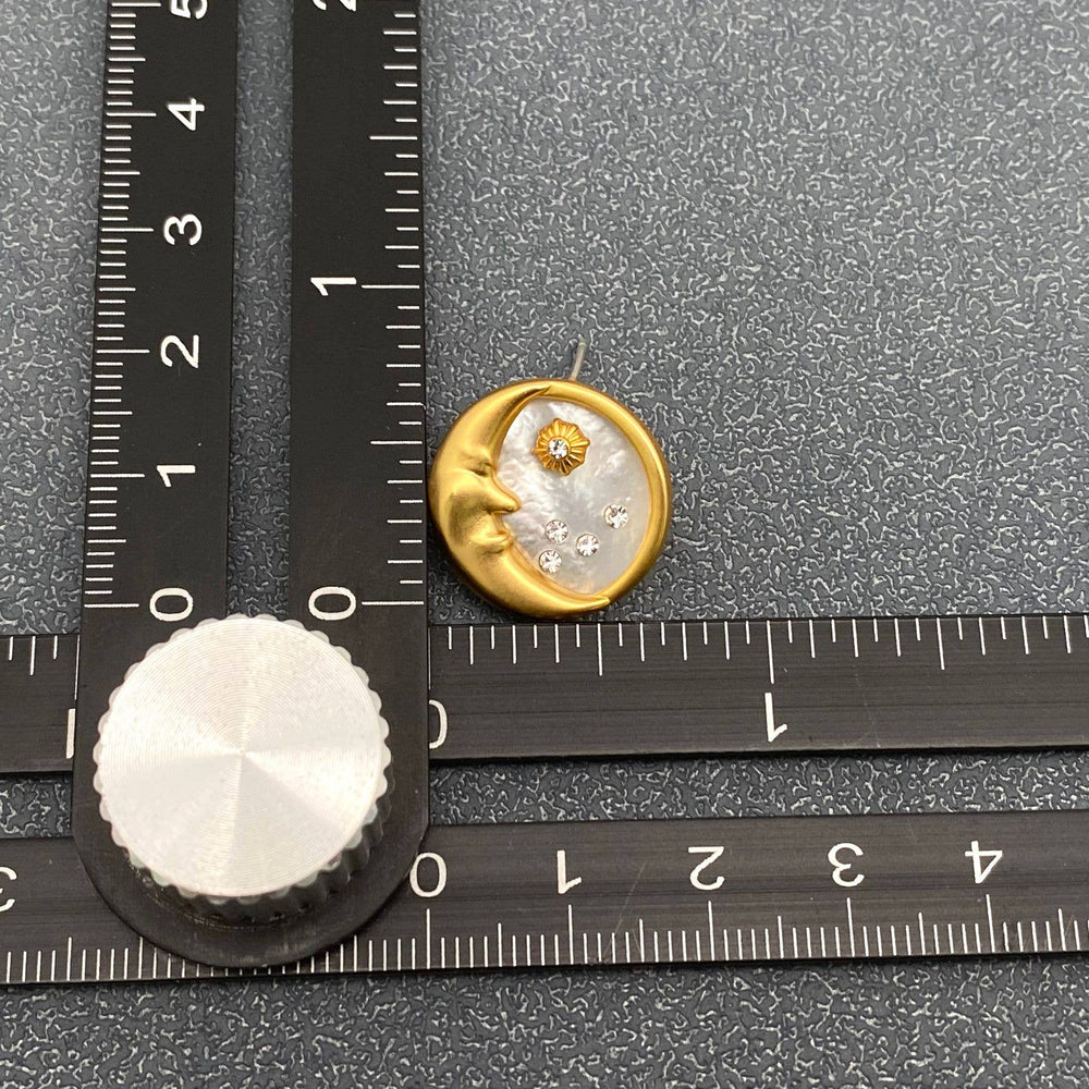 Inlaid CZ & Shell 18K Gold Plated Moon Ear Studs