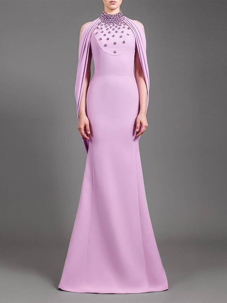 Lavender Rhinestone Gown with Draped Shawl