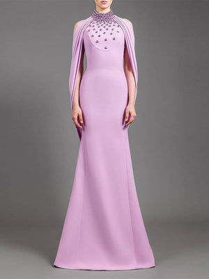 Lavender Rhinestone Gown with Draped Shawl