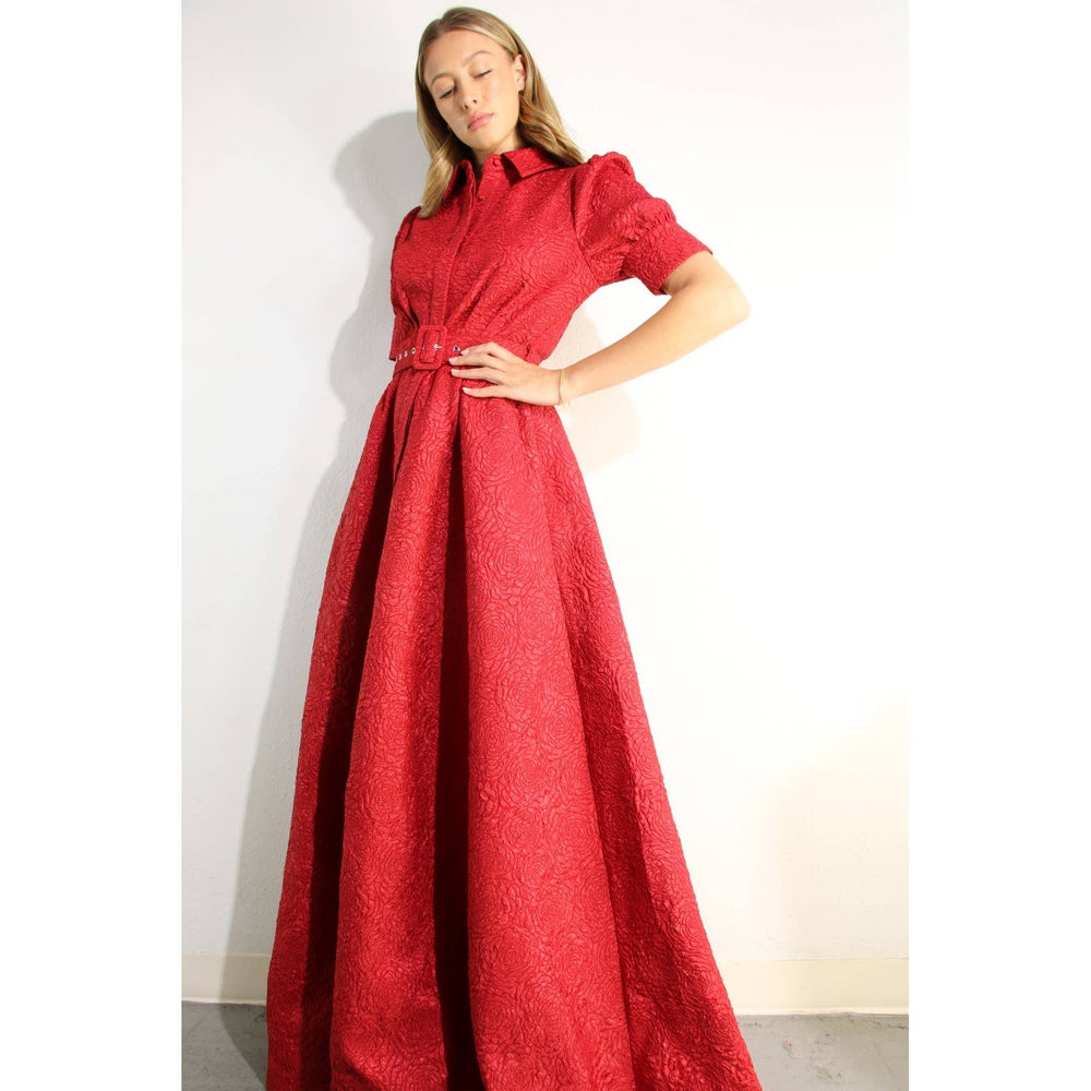 Rose Embossed Belted Maxi Dress