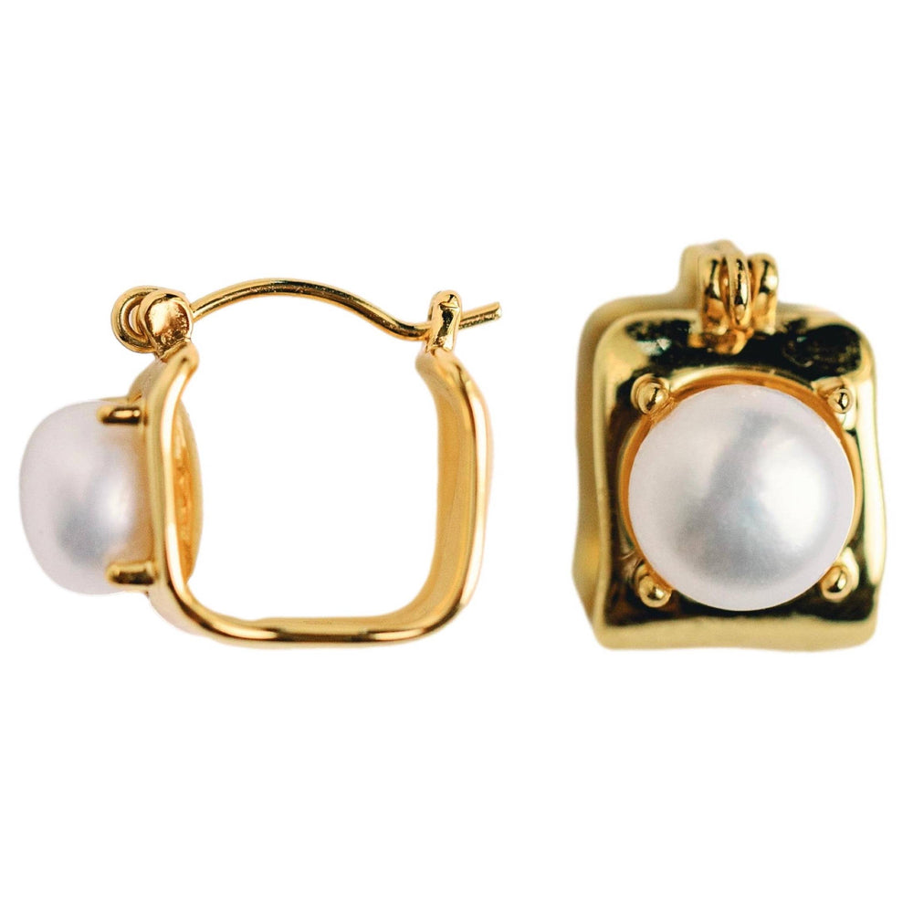 St Armands Designs of Sarasota - Vintage Mini Square Gold Pearl Huggie Hoop Earrings
