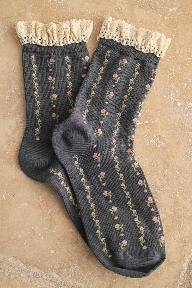 Charcoal Floral Print Crochet Trim Socks