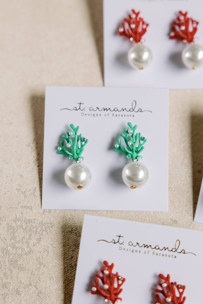 St Armands Designs of Sarasota - Pearl and Turquoise Coral Mini Statement Earrings