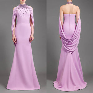 Lavender Rhinestone Gown with Draped Shawl