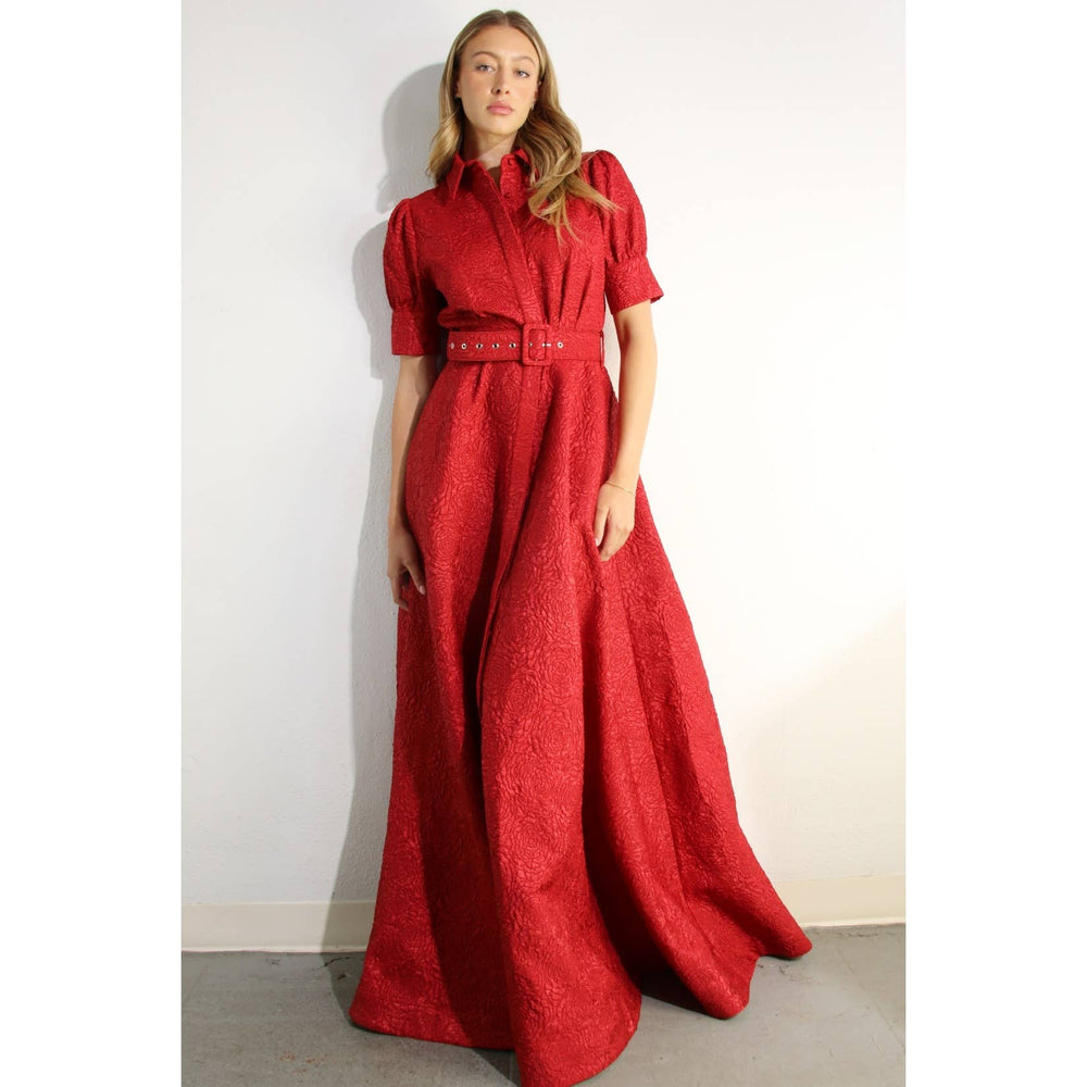 Rose Embossed Belted Maxi Dress
