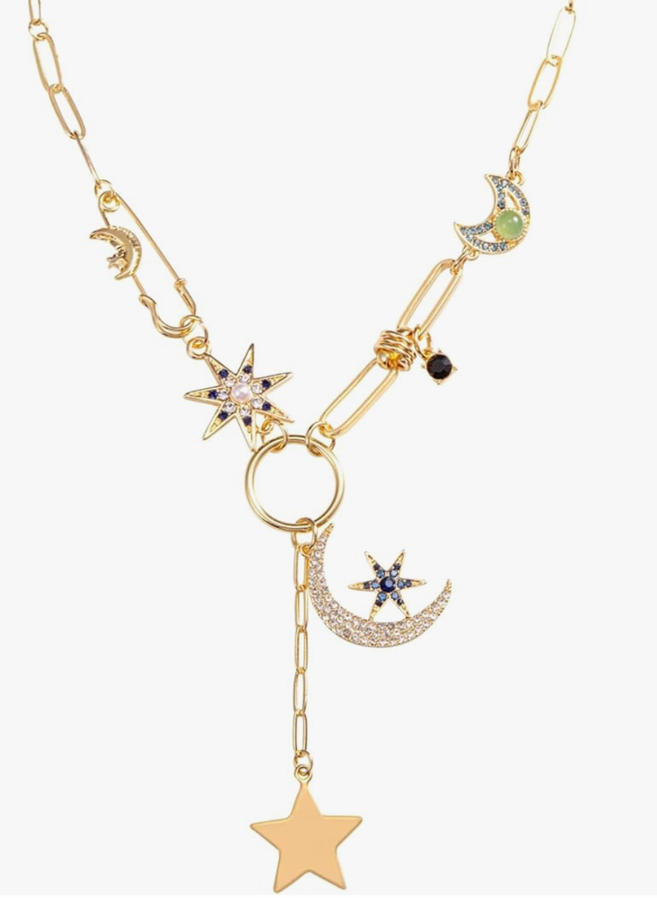 HoopLa - Celestial Coin Charm Hamsa Necklace Lariat Moon