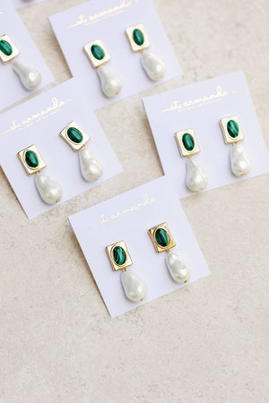 St Armands Designs of Sarasota - Vintage Square Malachite and Natural Pearl Drop Earrings