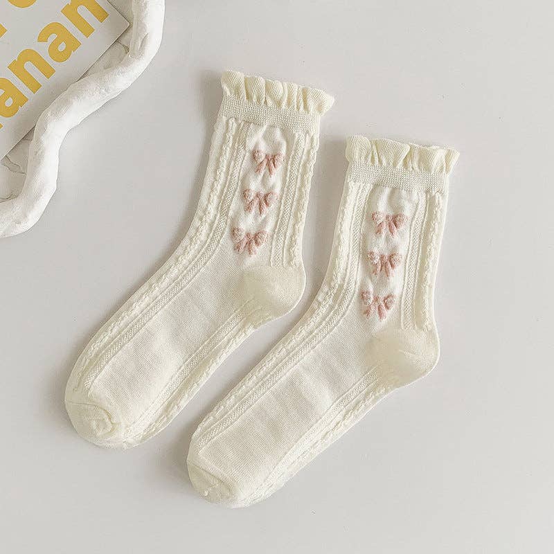 Pink Bow White Rolled Edge Socks