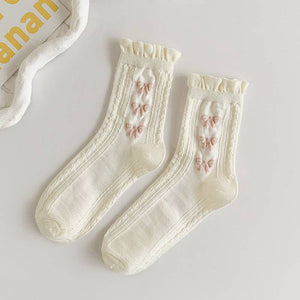 Pink Bow White Rolled Edge Socks