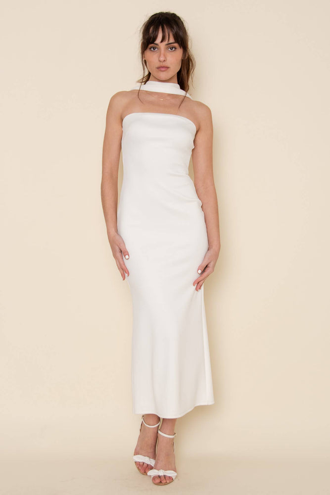 White Halter Neck Midi Dress