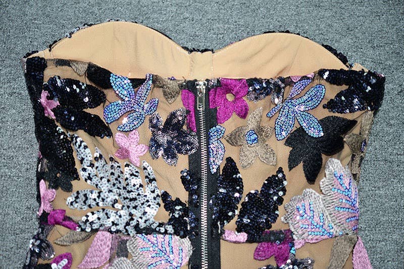 Elegant Floral Sequin Embroidered Mesh Tube Top Dress