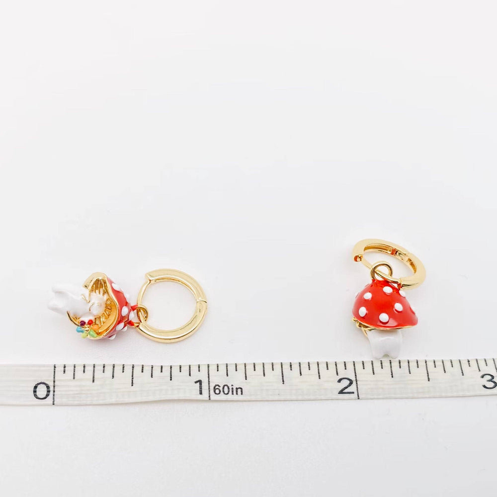 3D Enamel Cute Mushroom Huggie Hoop Earrings