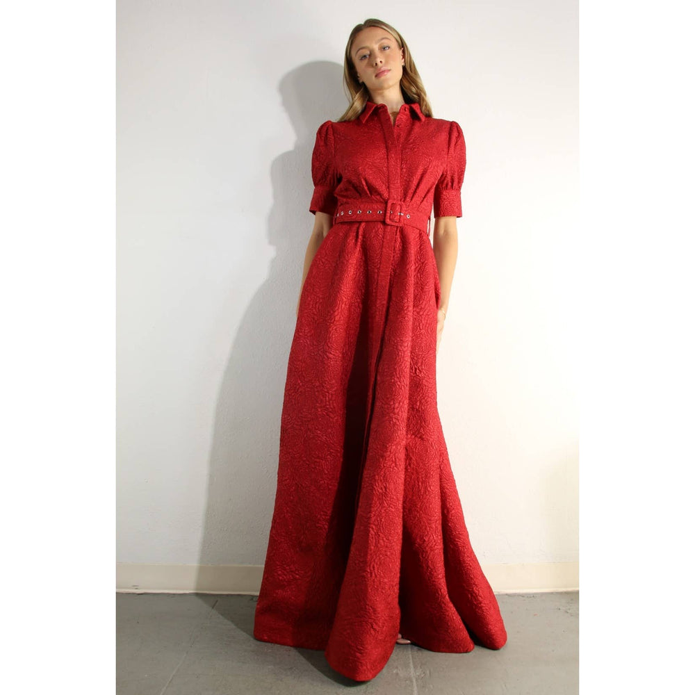 Rose Embossed Belted Maxi Dress