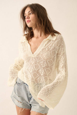 Geometric Crochet-Knit V-Neck Bell-Sleeve Sweater
