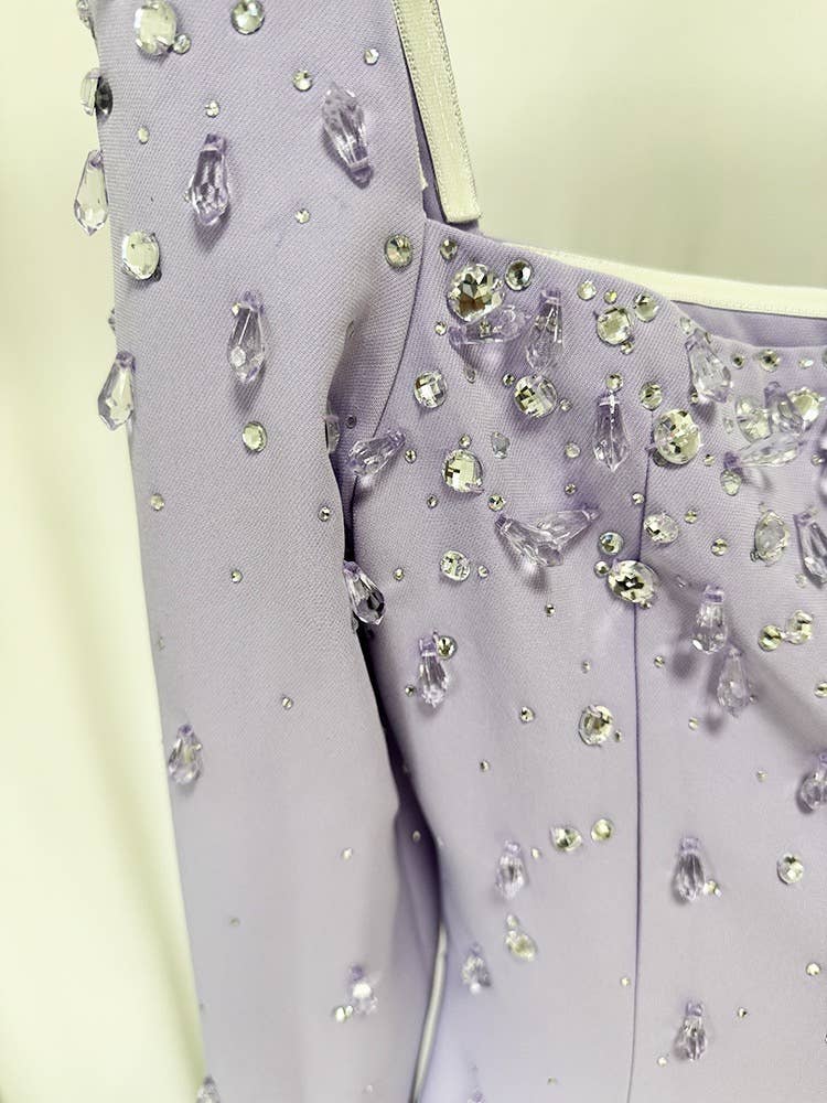 Square Neck Lilac Gown with Hand-Beaded Diamonds