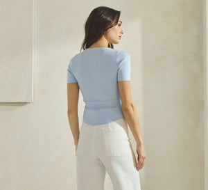 Button Pleated Split Knit Top: Sky