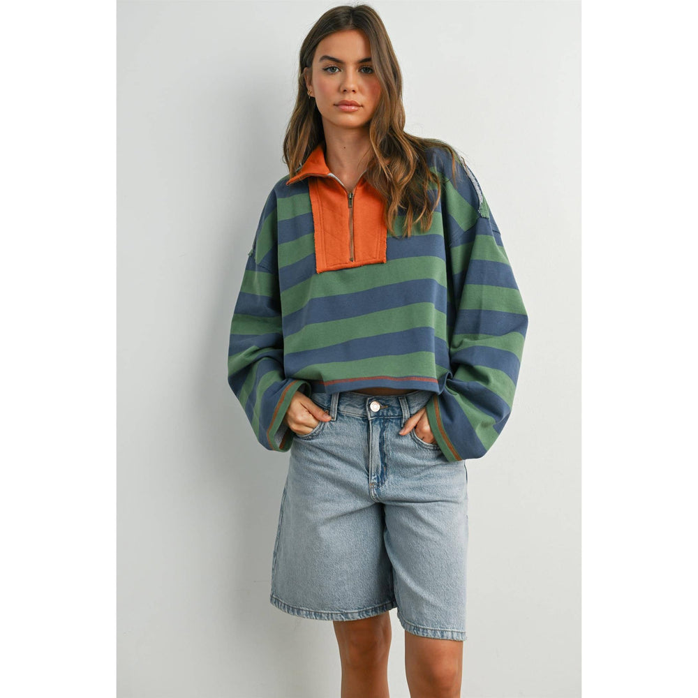 Striped Quarter-Zip Contrast Collar Sweatshirt