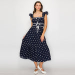 Navy Midi Dress with White Daisy Embroidery