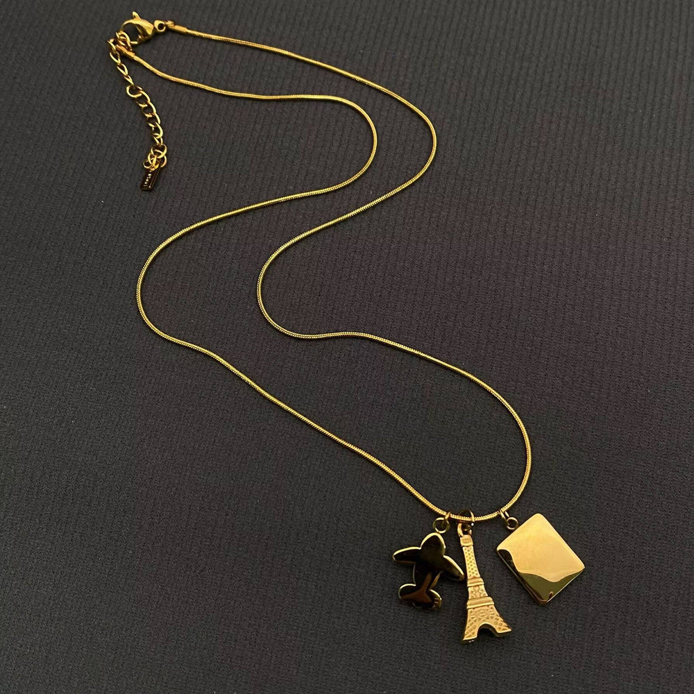 Paris Tower & Plane charm 18K Gold Plated Necklace