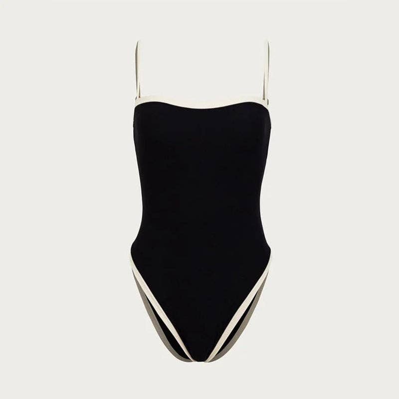 Black Simple Color Block One Piece Swimsuit