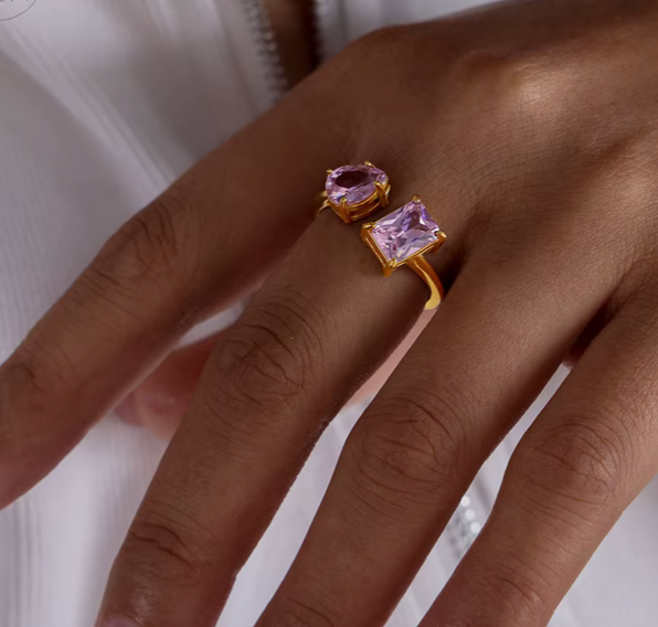 HoopLa Style - Lilly Collection- Beyond Finger ring- Open band-CZ Multi: Pink / Two stone