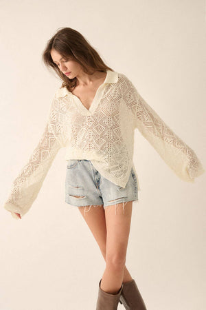 Geometric Crochet-Knit V-Neck Bell-Sleeve Sweater
