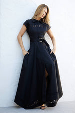 Black Trim Belted Maxi Dress