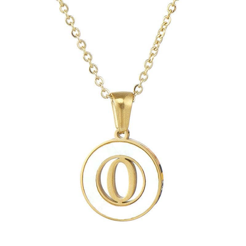 Circular Hollow Shell Initial Pendant Necklace: F