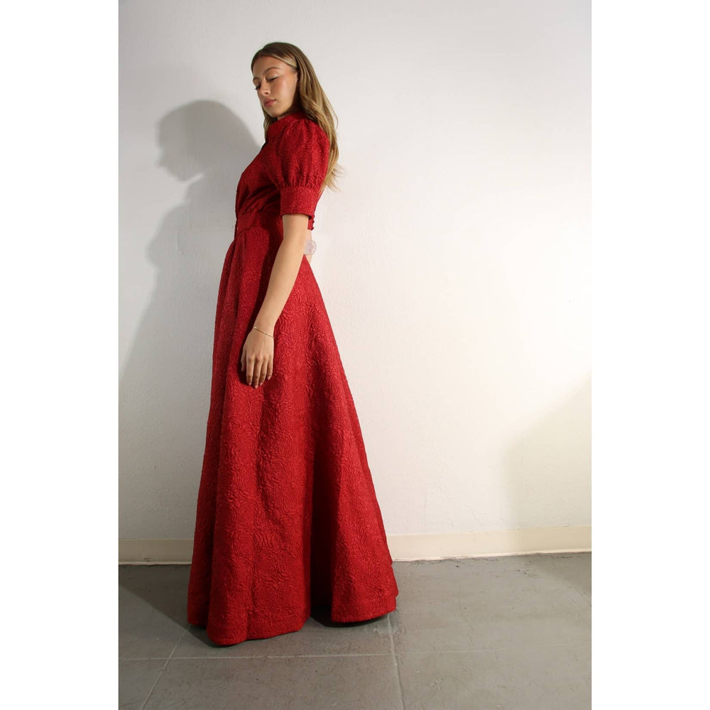 Rose Embossed Belted Maxi Dress