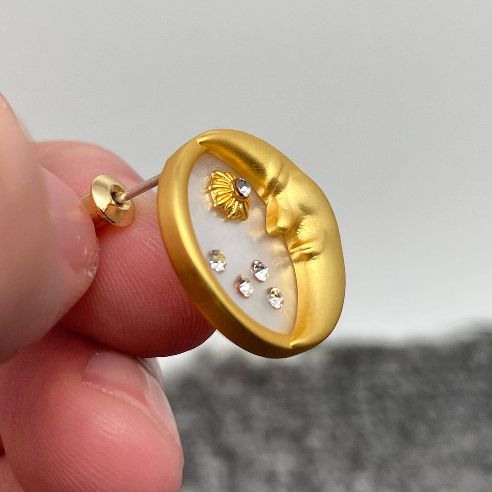 Inlaid CZ & Shell 18K Gold Plated Moon Ear Studs
