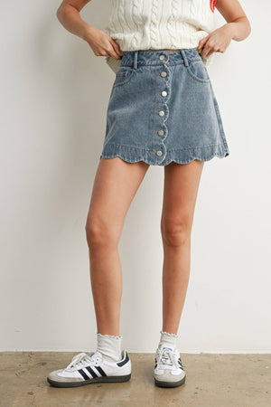 Denim Buttoned Scallop Denim Skirt