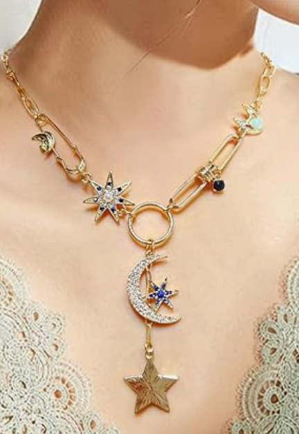 HoopLa - Celestial Coin Charm Hamsa Necklace Lariat Moon