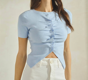 Button Pleated Split Knit Top: Sky