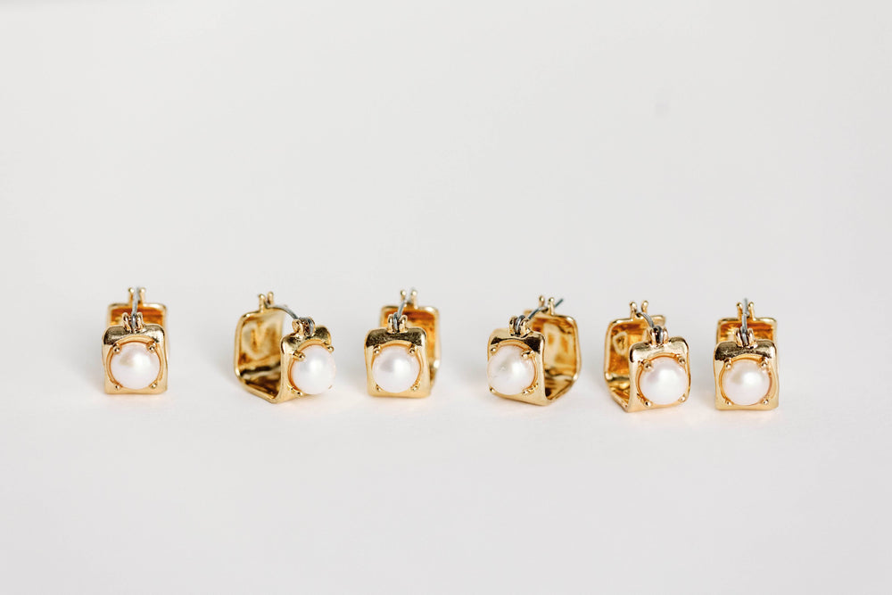 St Armands Designs of Sarasota - Vintage Mini Square Gold Pearl Huggie Hoop Earrings