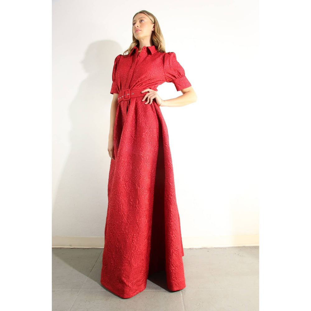 Rose Embossed Belted Maxi Dress